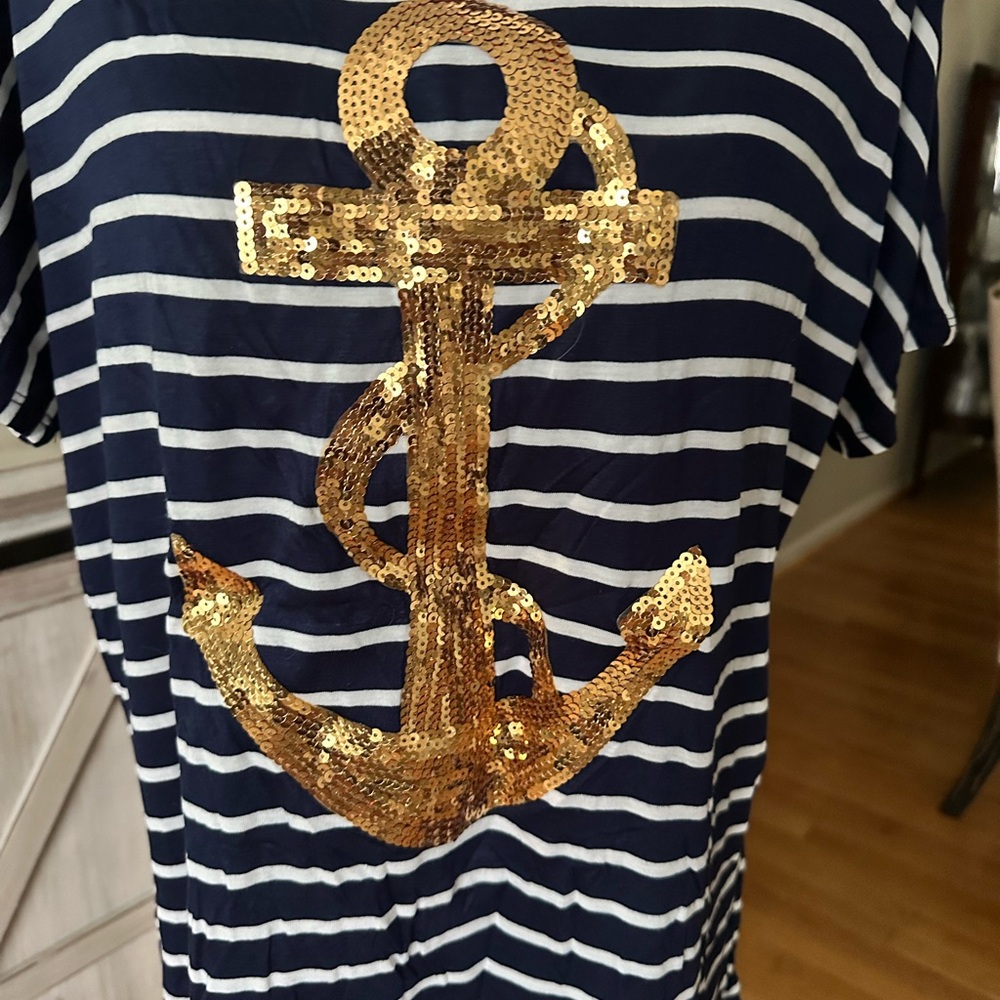 Free Kisses Nautical Striped Sequin Anchor Top - Navy and Gold Size 1X New! - Picture 2 of 4